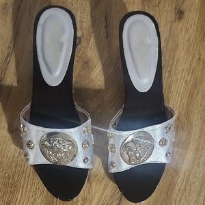 Versace Silver Mules with Medusa Emblem